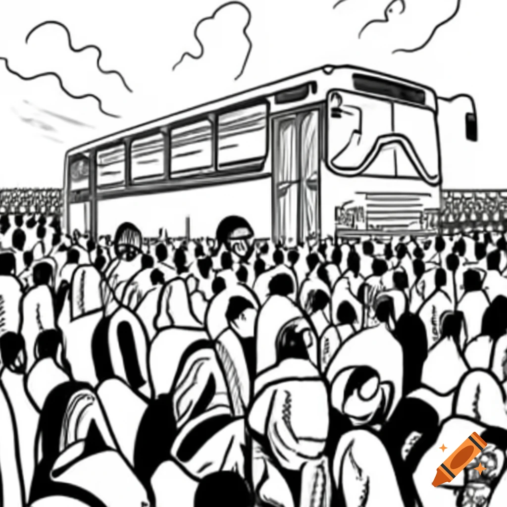 Crowd of thousands waiting to board a bus in black and white drawing