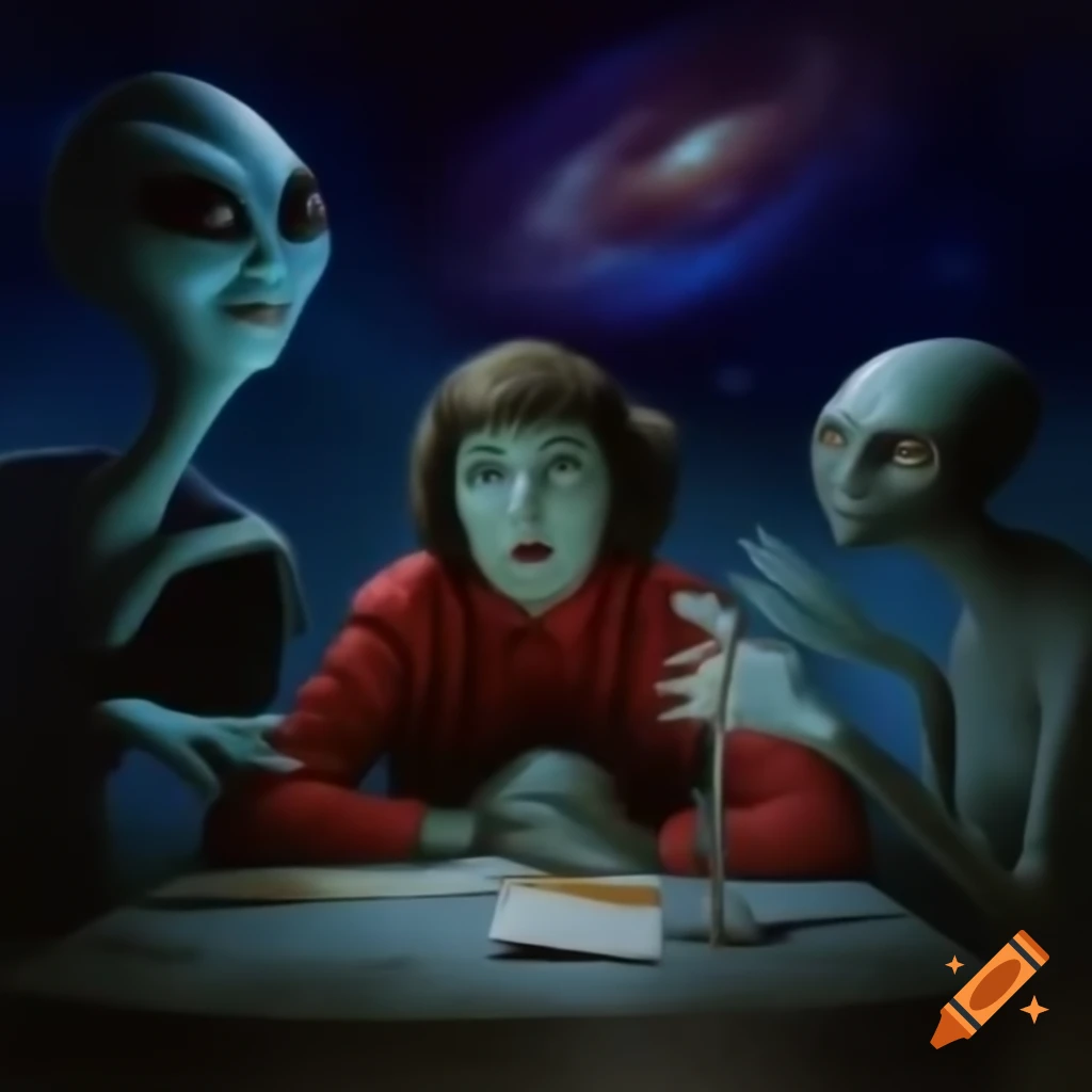 Surreal cosmic scene with aliens, amphitheater, and dream imagery