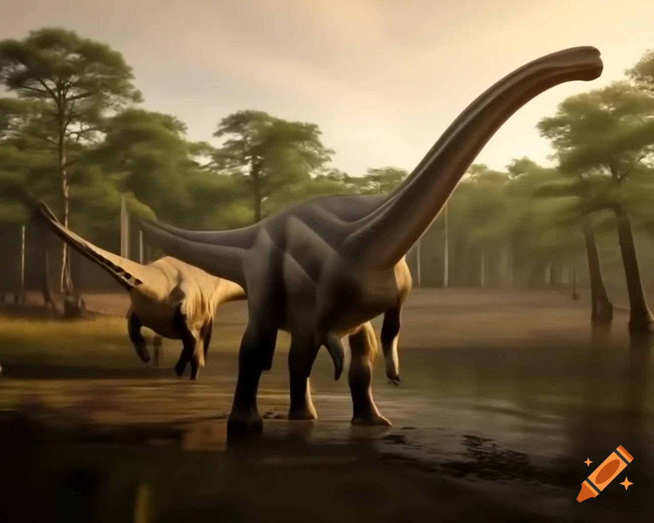 Hadrosaurus dinosaurs standing by lake bank in bushland during afternoon light