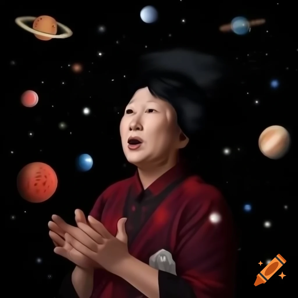 Surreal cosmic dream scene with floating images and figures