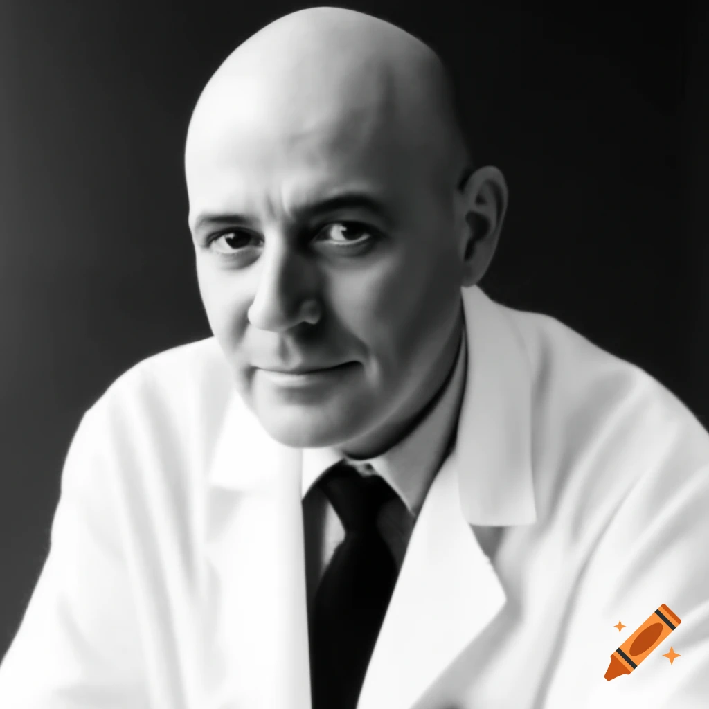 1980s photo of a balding scientist in white suit and black tie
