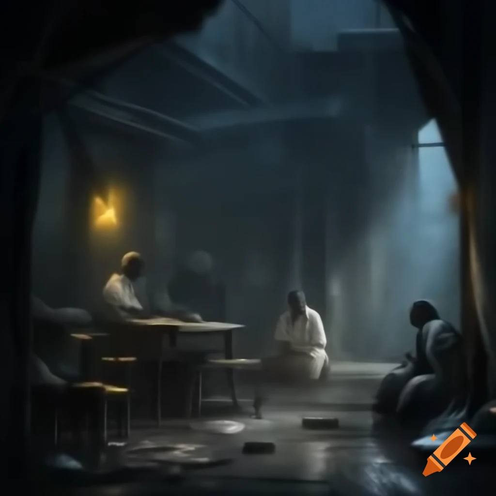 Dark rainy night in medieval ruined tavern with beggars and monks
