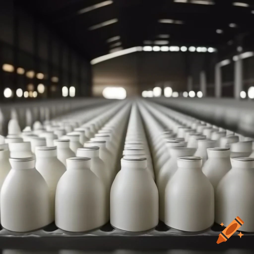 Well-lit warehouse filled with milk bottles