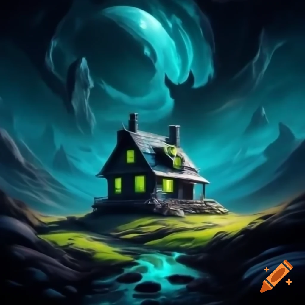 Dark cottage in alien landscape with cyan and lime highlights