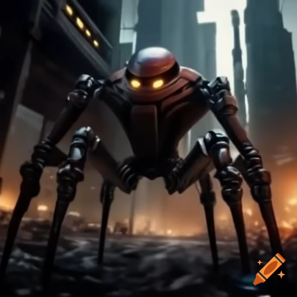 Giant robotic spider navigating post-apocalyptic cityscape with skull-shaped cockpit and neon lights