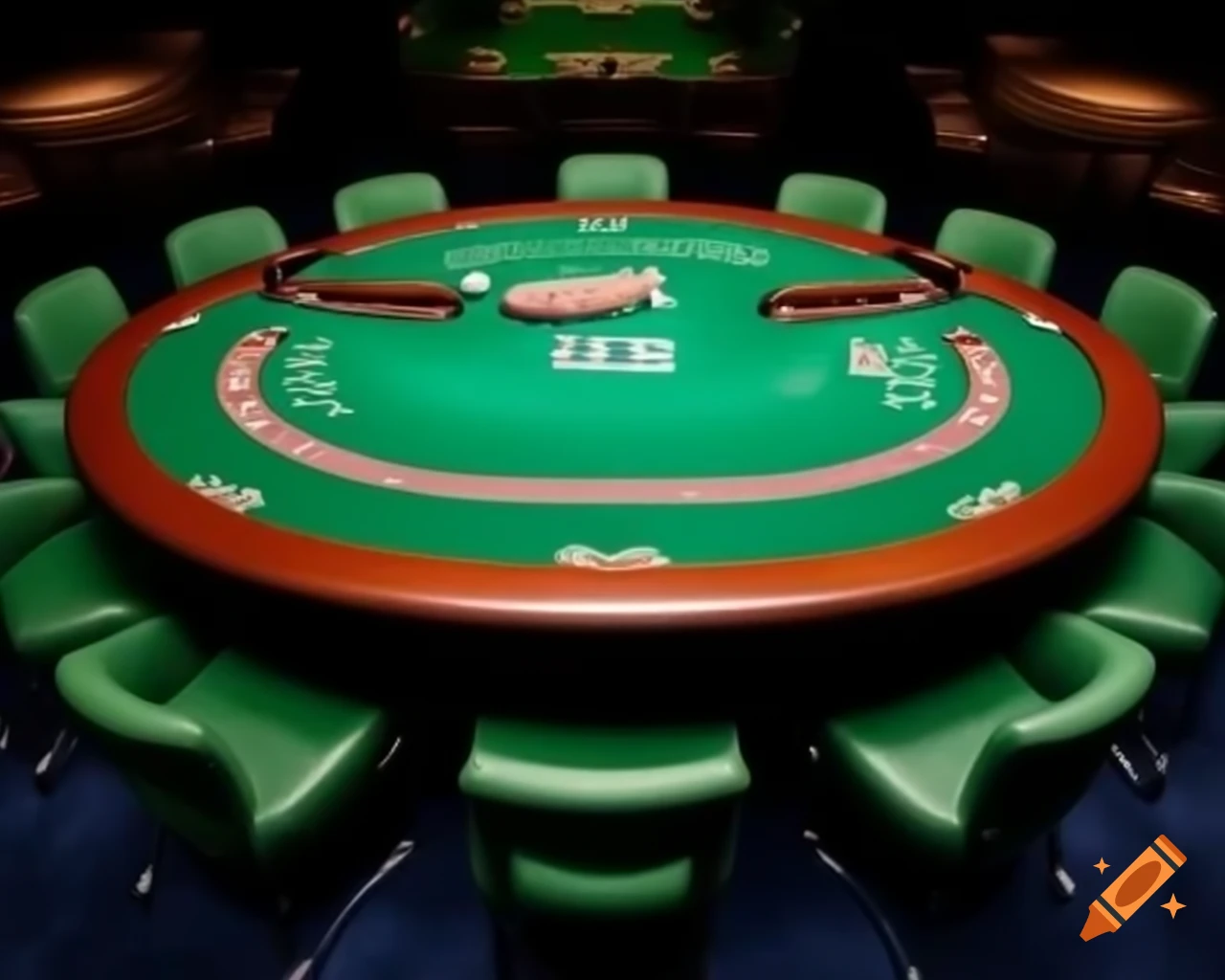 Green poker table setup for six players from player's perspective