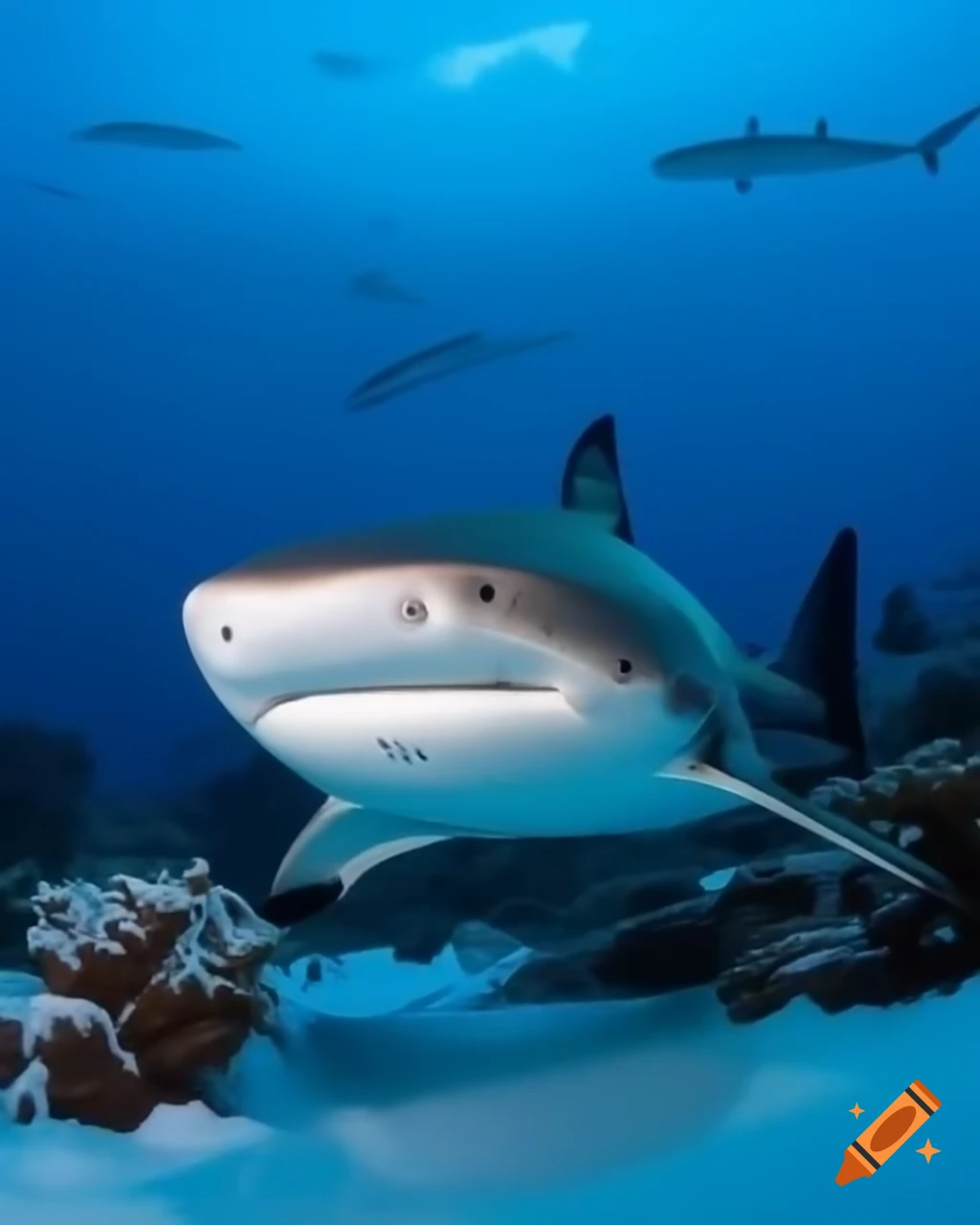 Little sharks swimming in snowy underwater environment with corals and marine vegetation