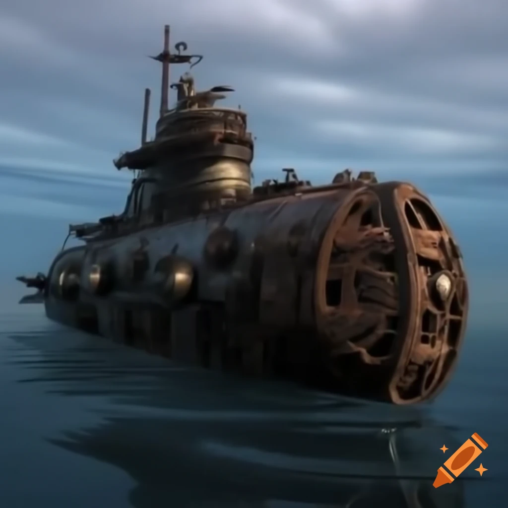 Steampunk submarine submerged underwater with a rusty appearance