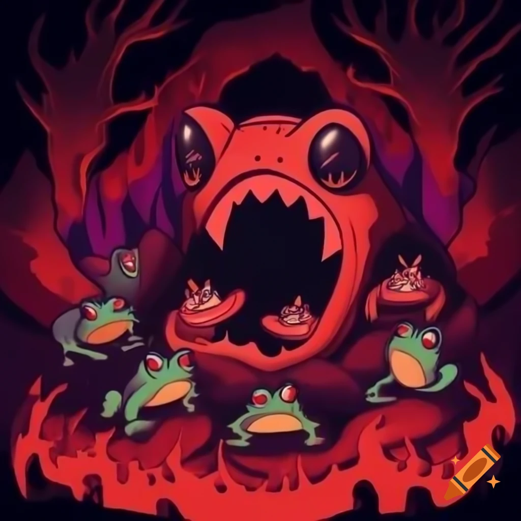 Group of devil horned frogs in vibrant hell scenery, anime style