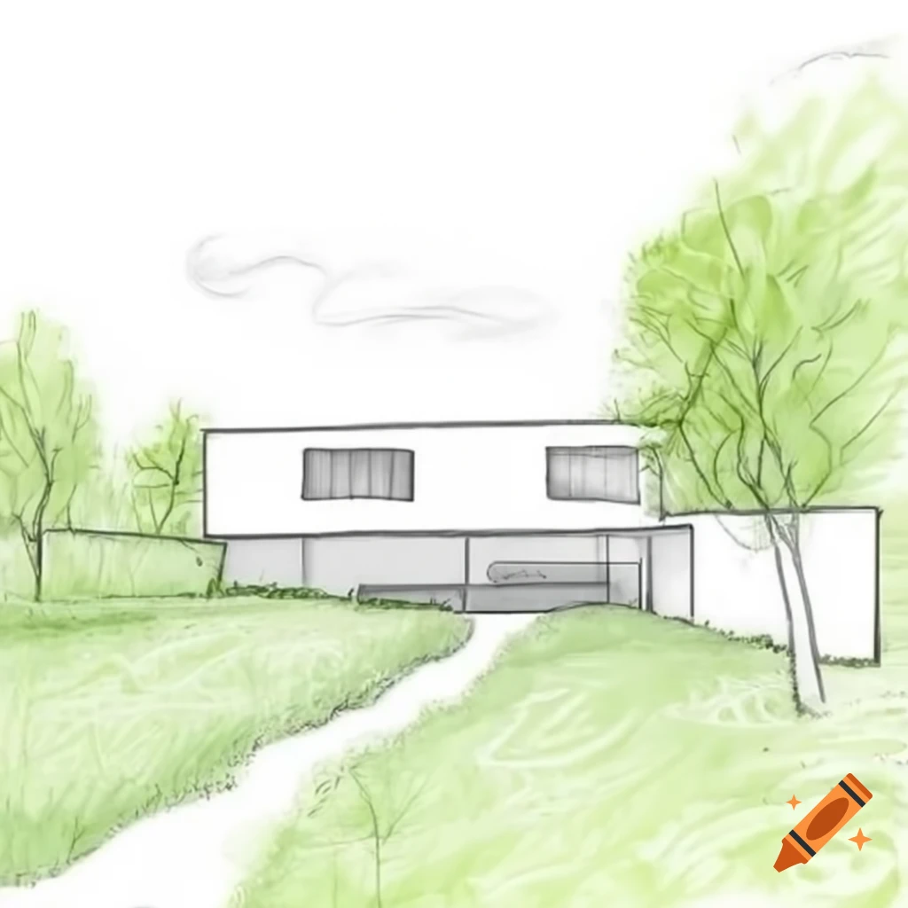 Architectural drawing of a standard house on grassy land