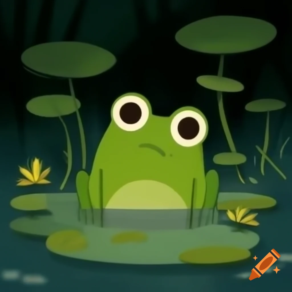 Little green frog named Freddie hopping around cozy pond with lily pads