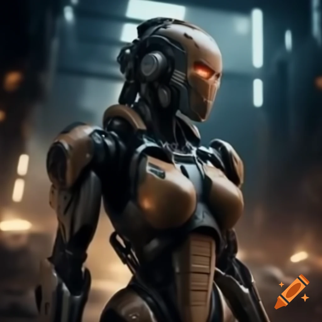 Cyborg warrior in high-tech battlefield