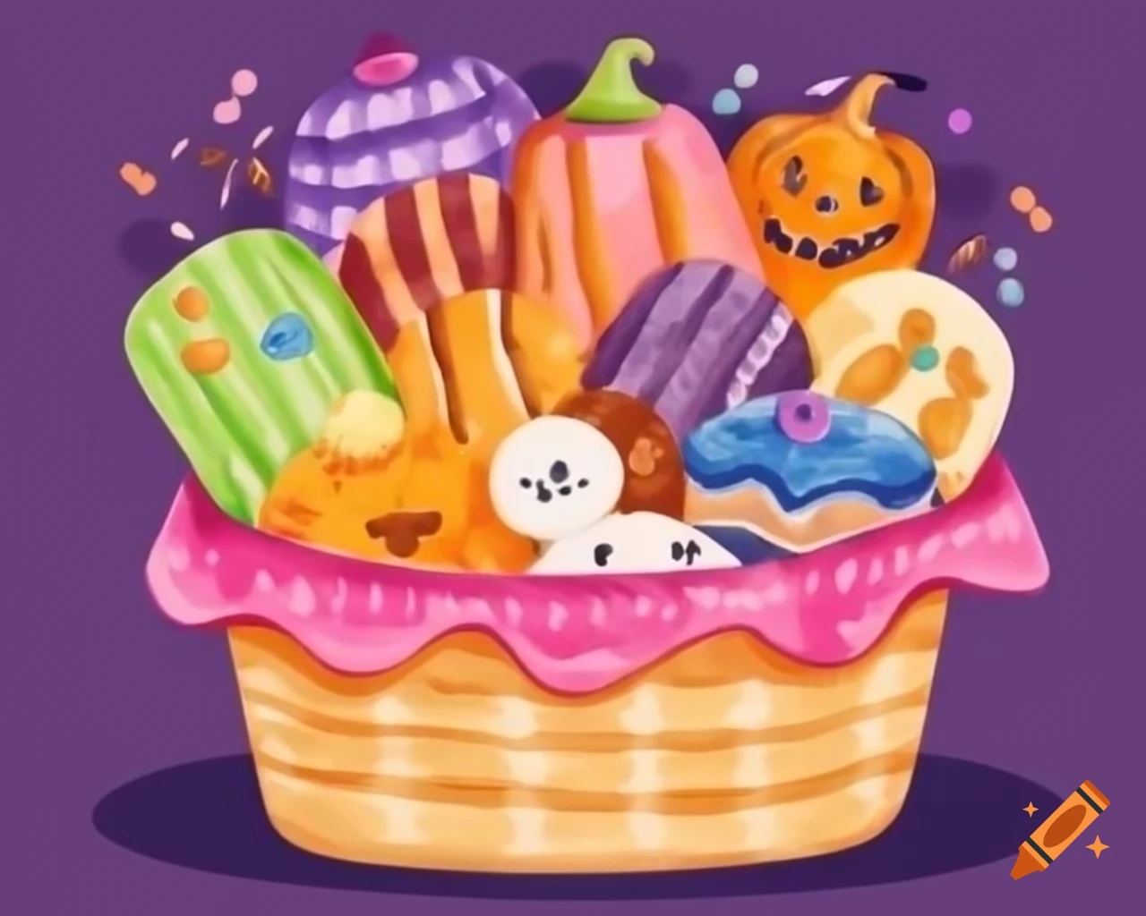Watercolor Halloween trick or treat basket filled with colorful sweets