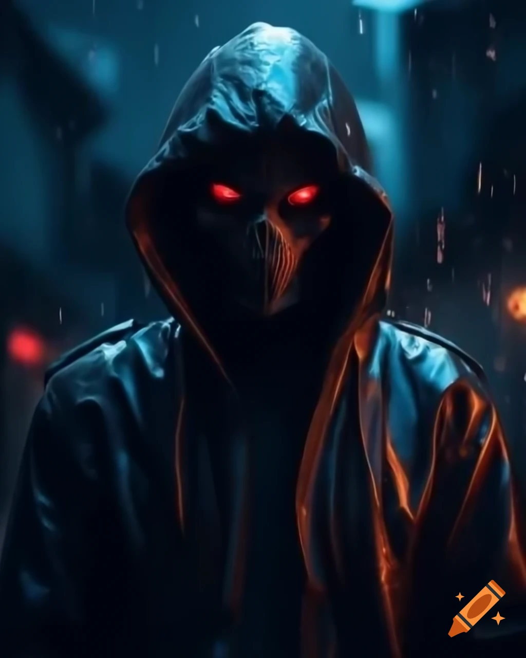 Mysterious dark figure in the rain with glowing red eyes