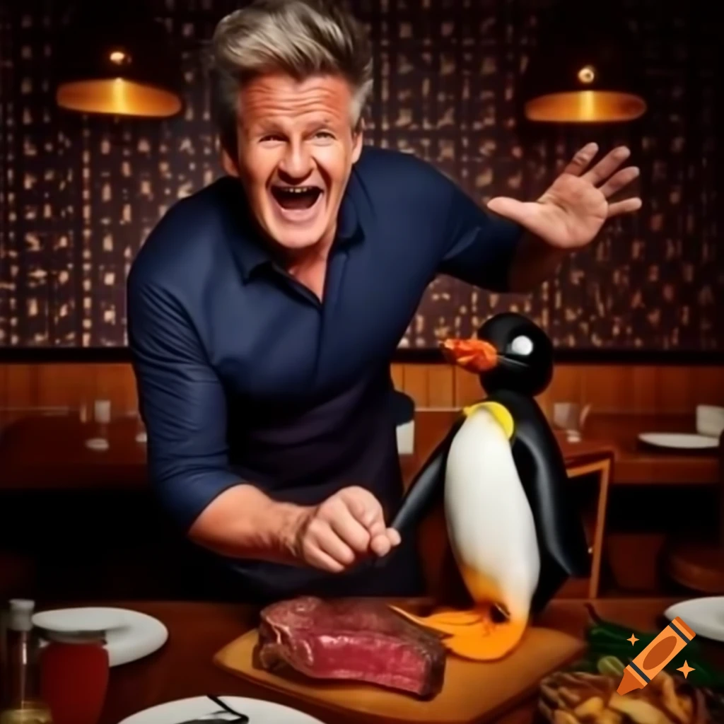 Gordon Ramsay playfully scolding Pingu over improperly cooked steak