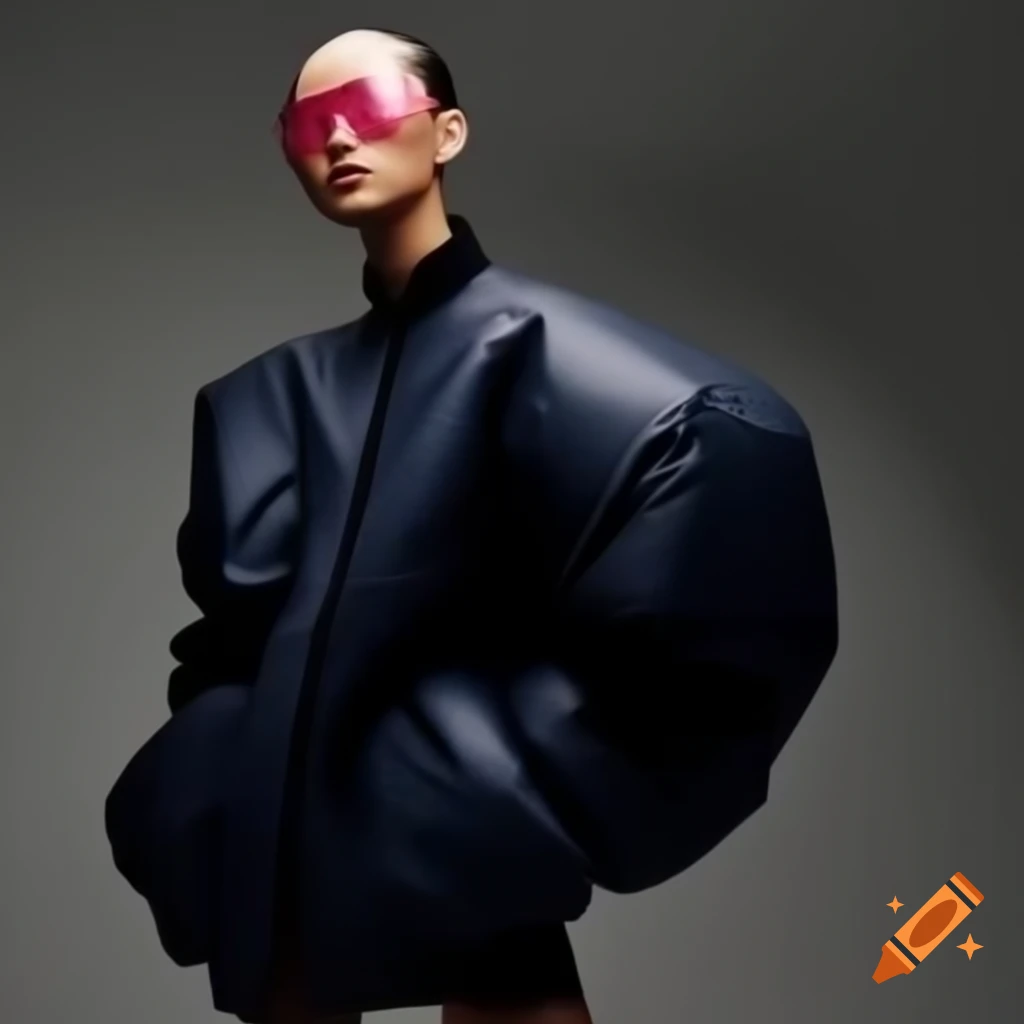 Asian model in oversized Balenciaga jacket sample, fashion fitting