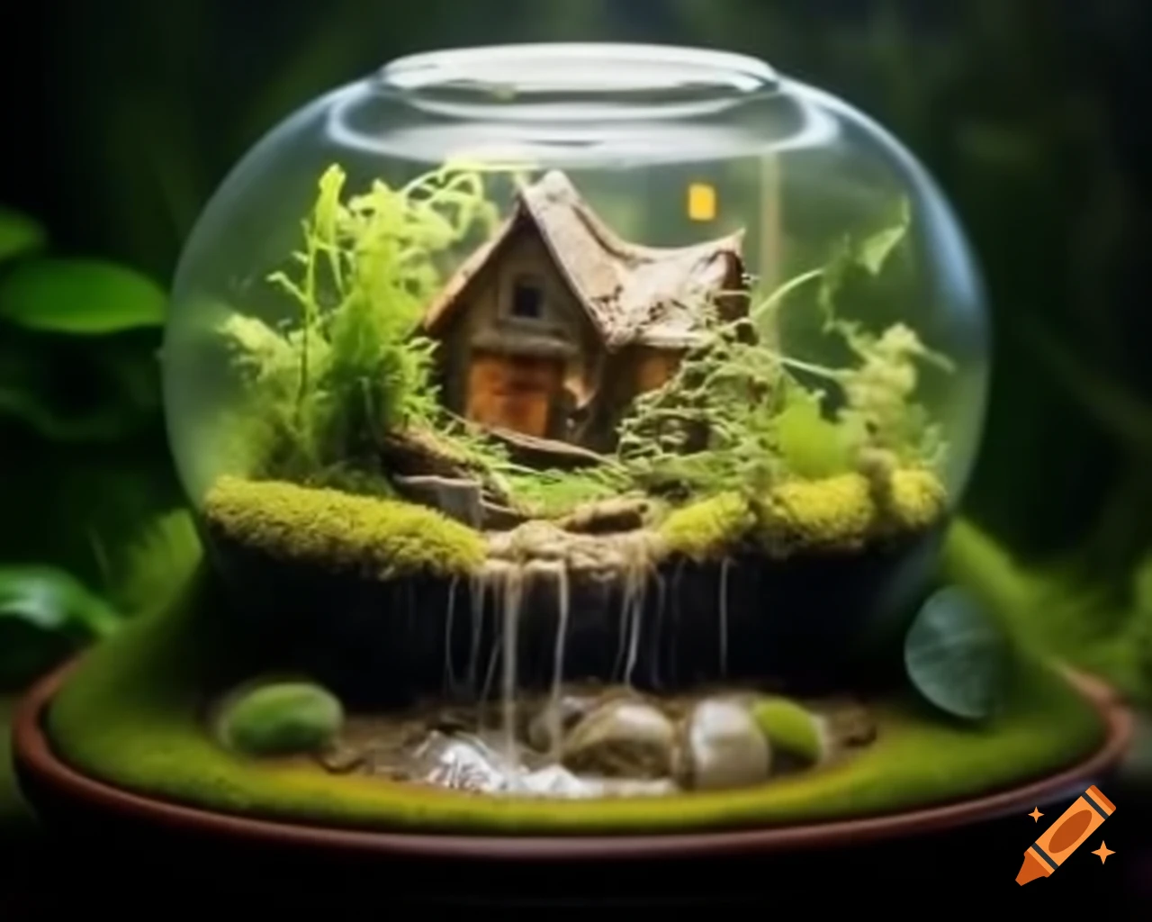 Diorama terrarium featuring fairy house and lake puddle