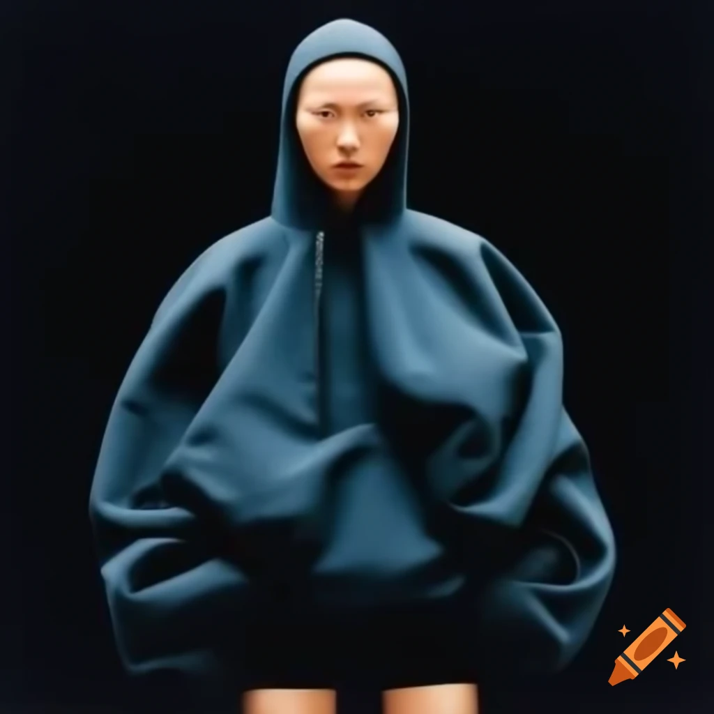 Asian model in oversized Balenciaga hoodie, full body fashion fitting