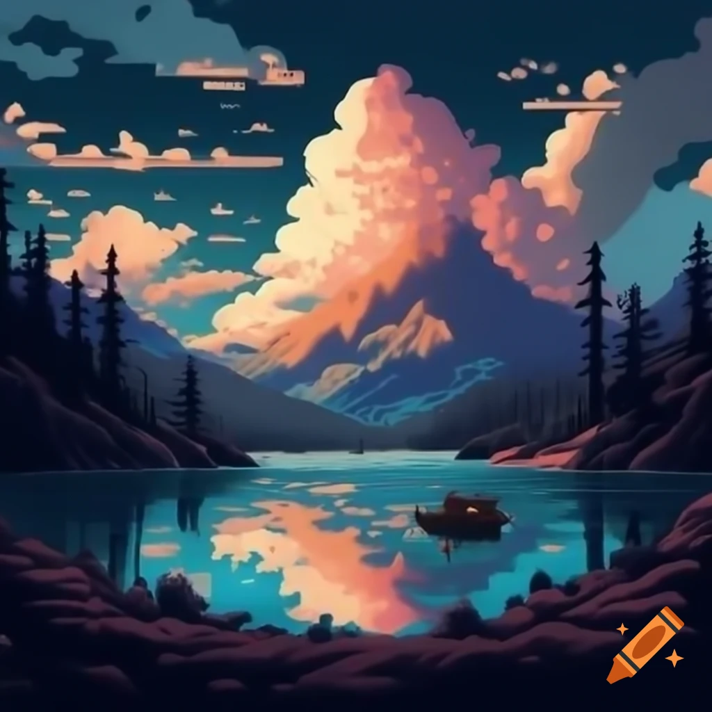 Detailed pixel art of mountains and lake at sunset with island and trees