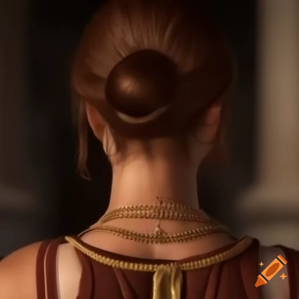 Brown-haired woman in ancient Greek tunic with gold armband