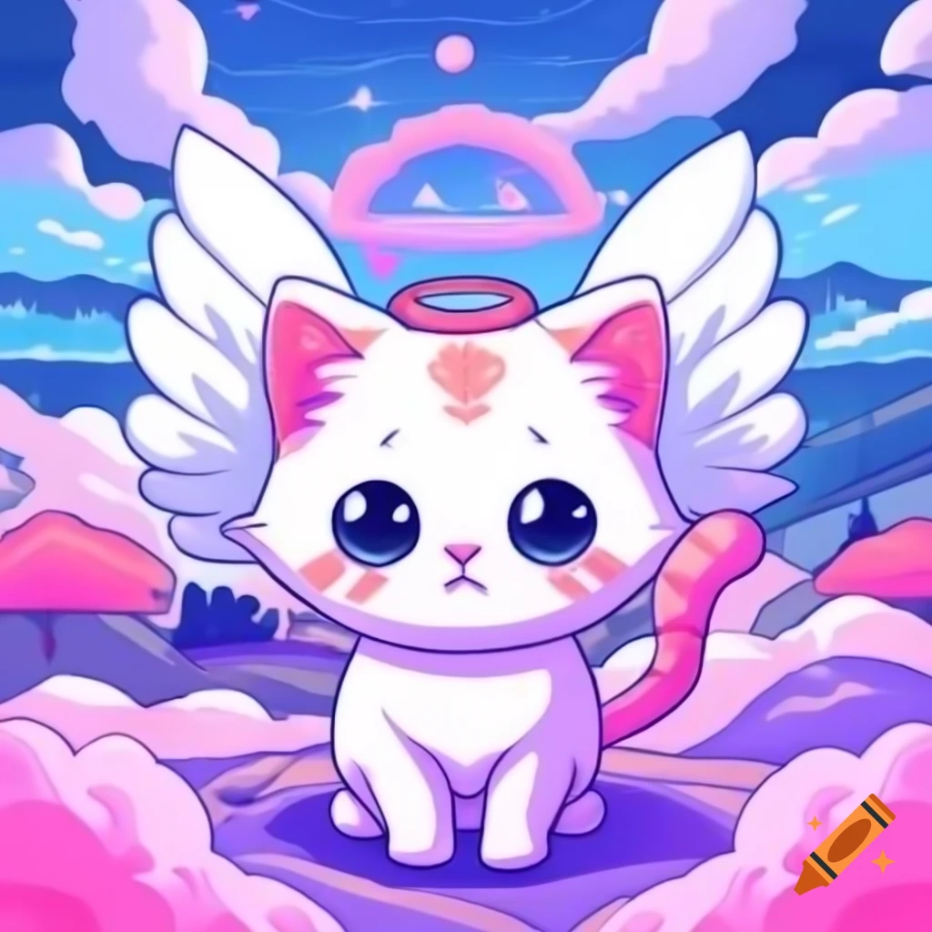 Cute angel kitten in pink and purple themed heaven, anime cartoon style