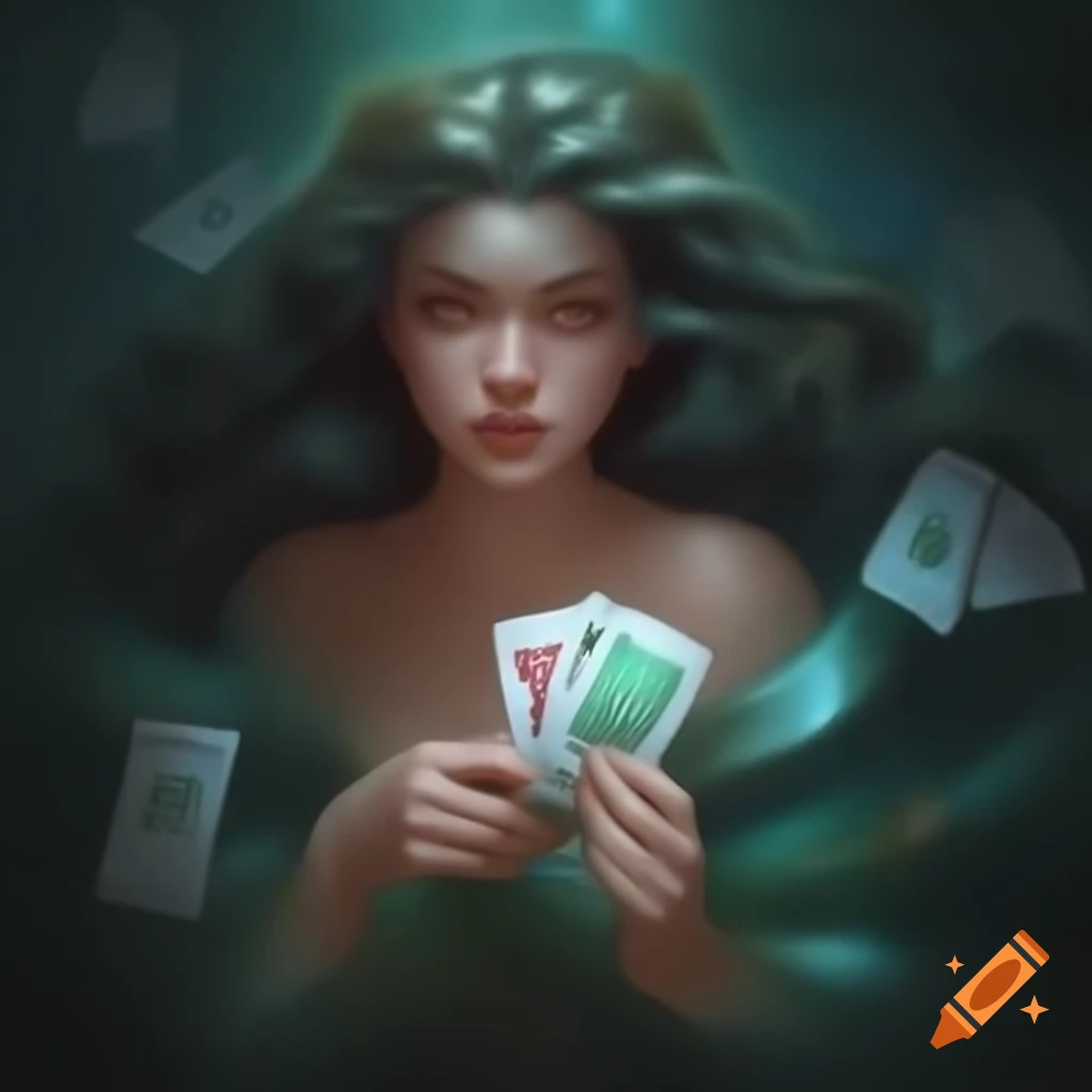 Fantasy mermaid contemplating trading cards on craiyon
