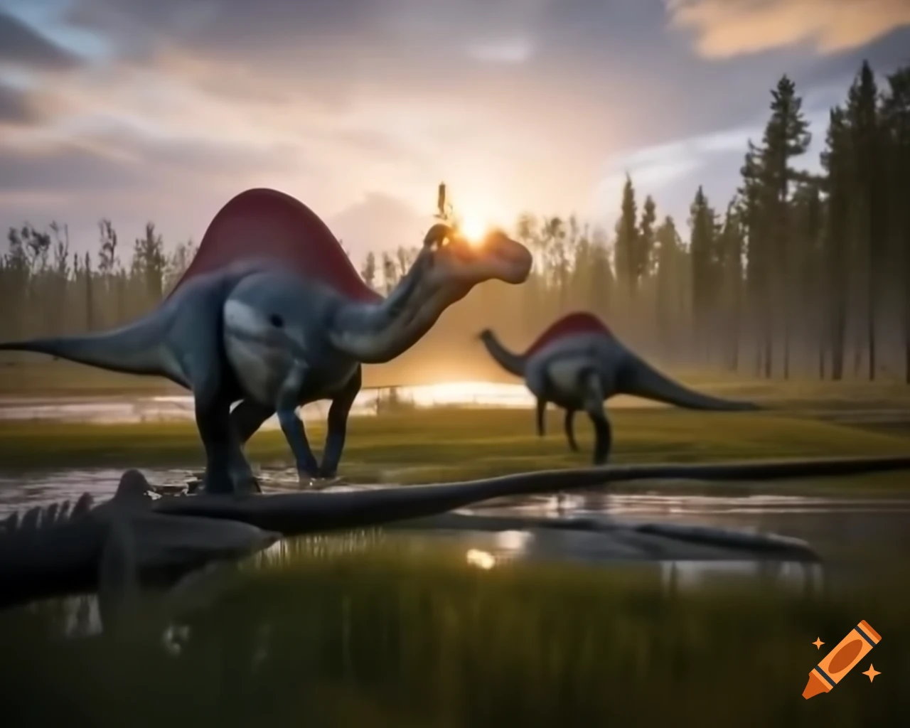 Cinnamon and grey striped hadrosaurs in marshland during golden hour