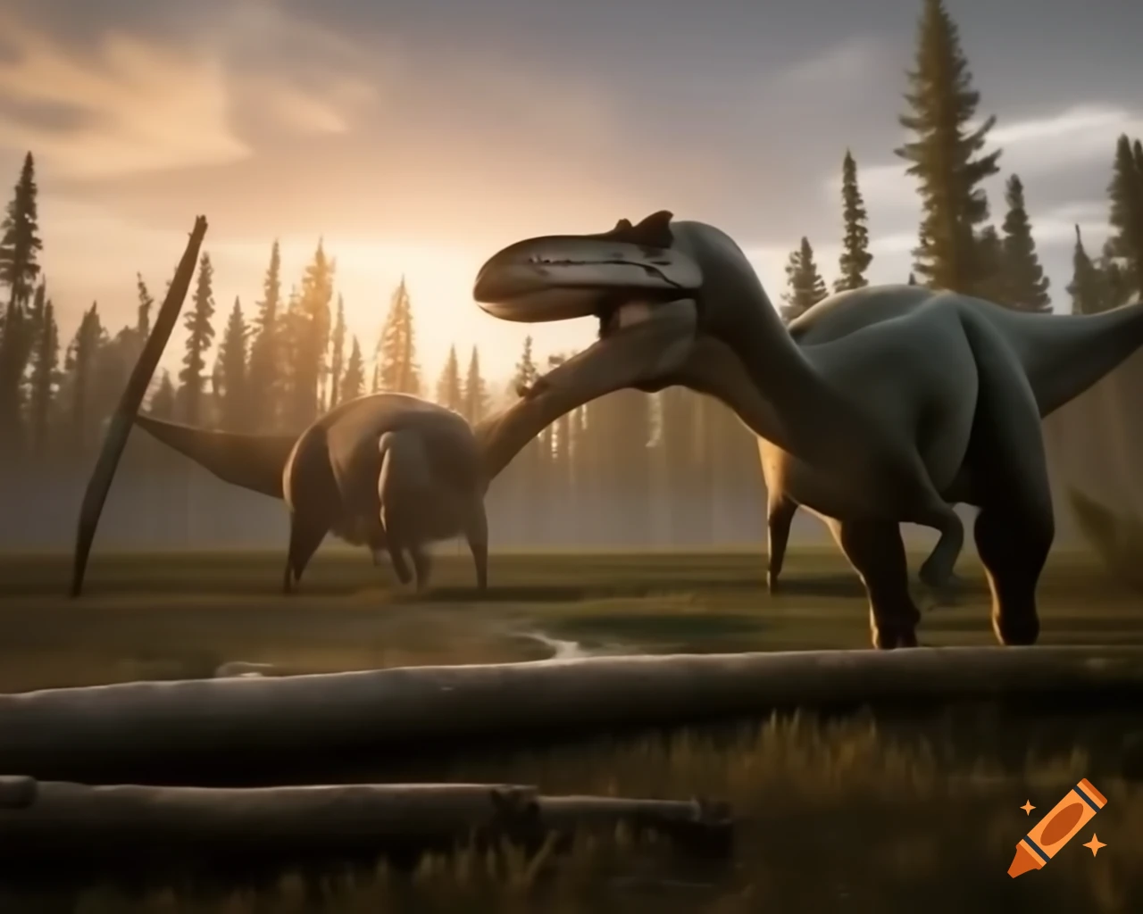 Cinnamon and grey striped hadrosaurus in marshland during golden hour