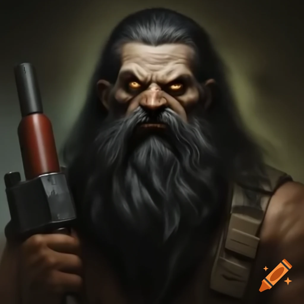 Realistic comic book villain with long black hair and beard holding a portable weapon