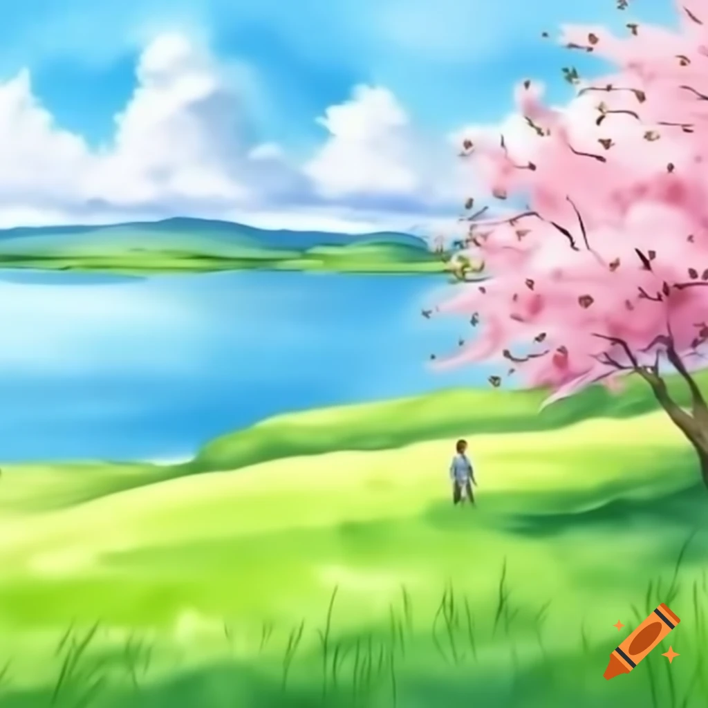 Boy standing under cherry blossom tree with lake and grassland scenery
