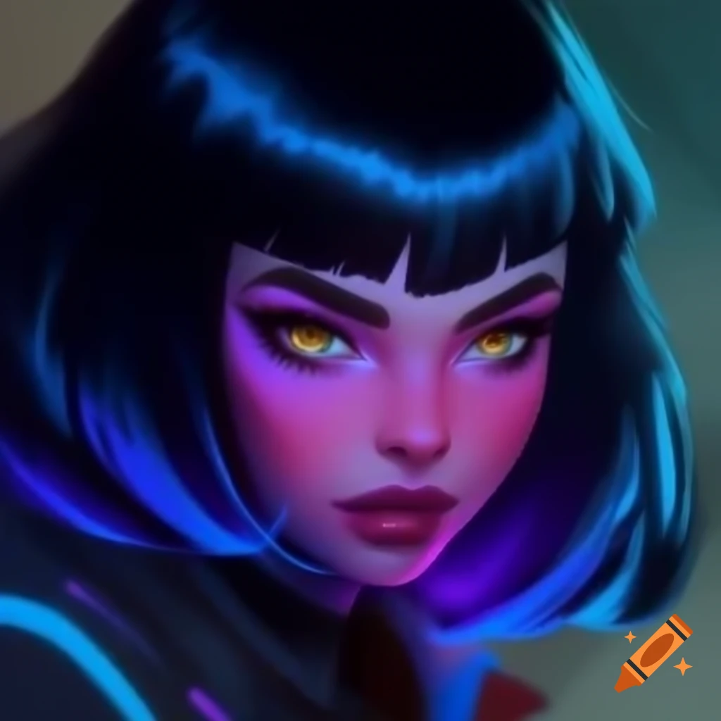 Cyberpunk interpretation of classic fairy tale character in vibrant blues and purples