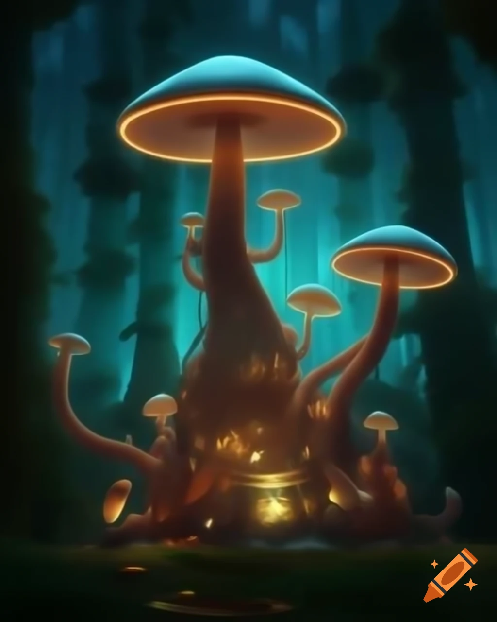 Surreal biopunk forest with glowing bioluminescent trees