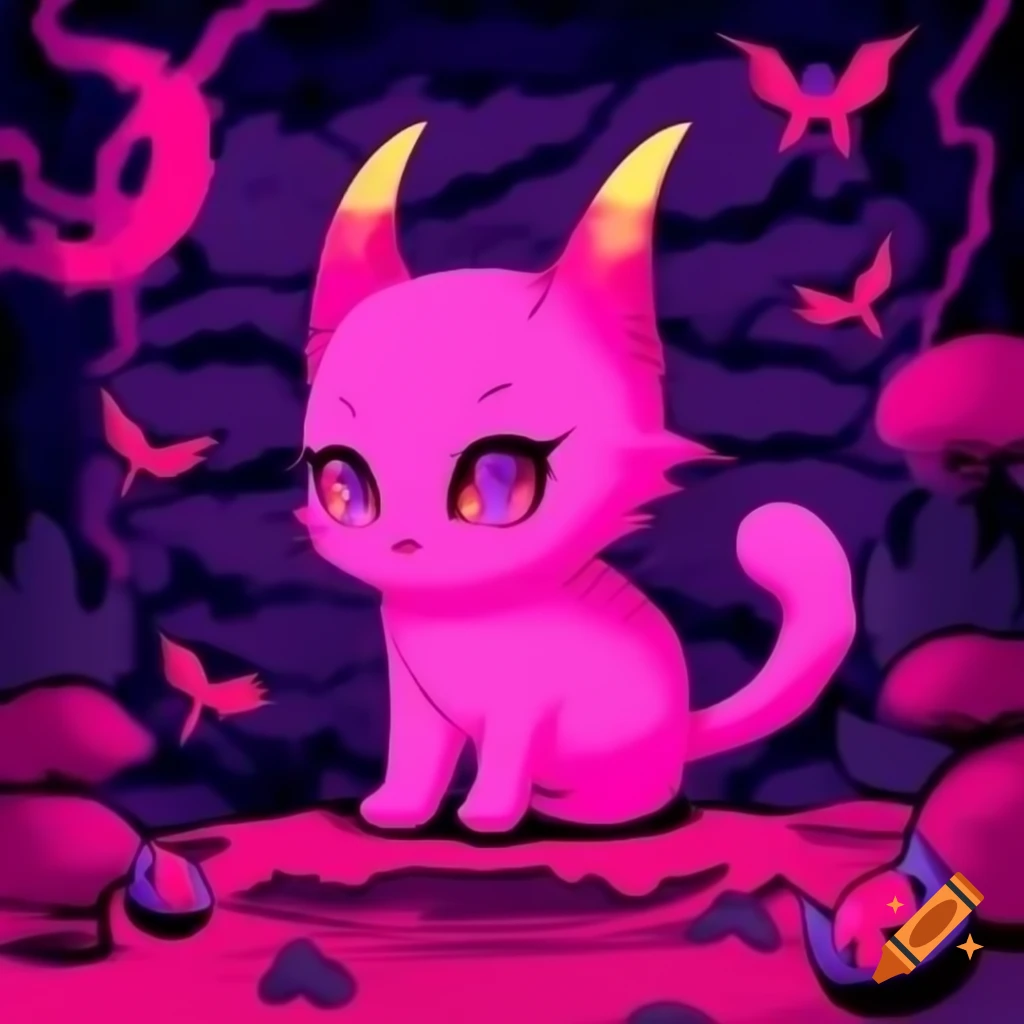 Cute devil-horned kitten in pink and purple hell scenery, anime style