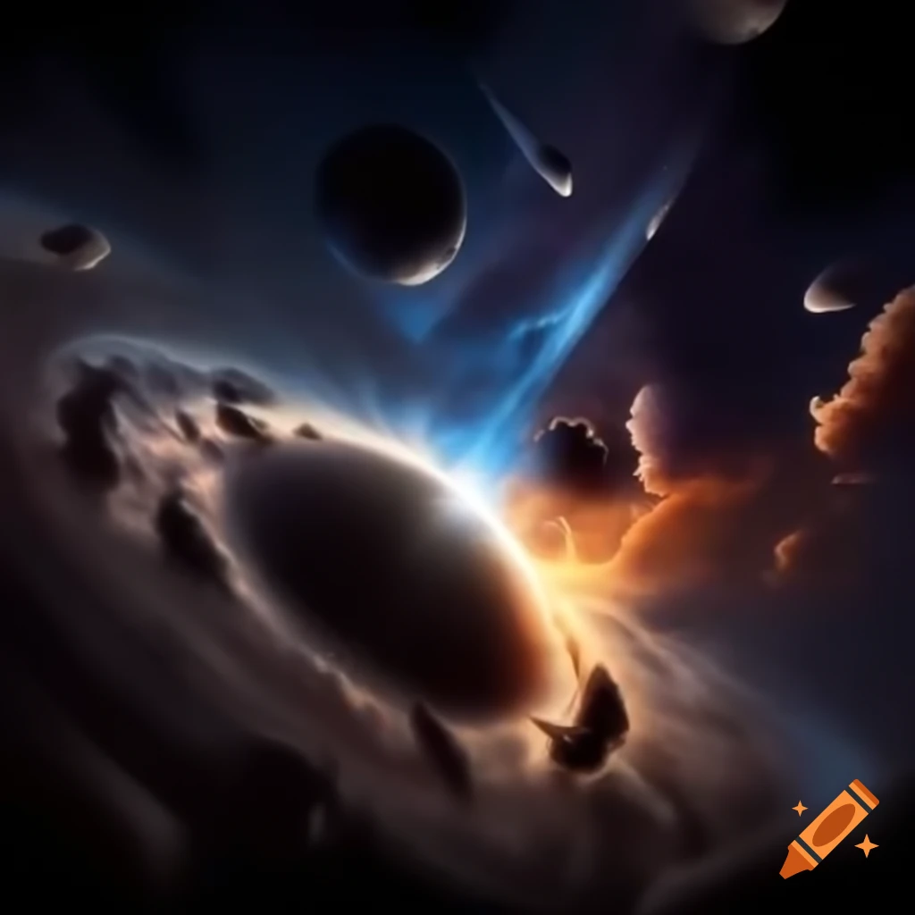 Surreal cosmic war scene featuring tension and sudden laughter leading to darkness