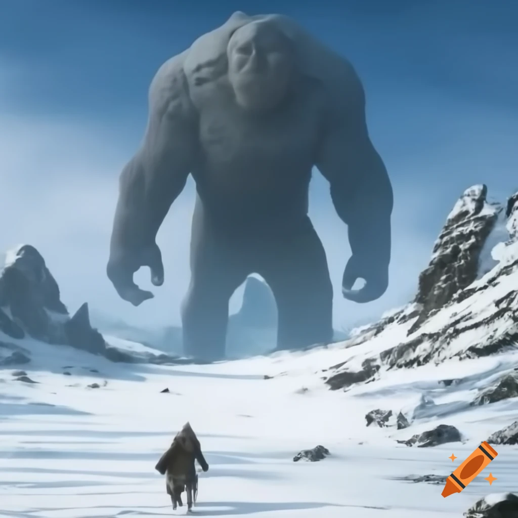 Large ancient humanoid figure descending from snow-covered Mt. Washington