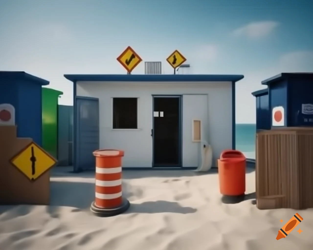 3D environment design for public beach with safety signs and facilities