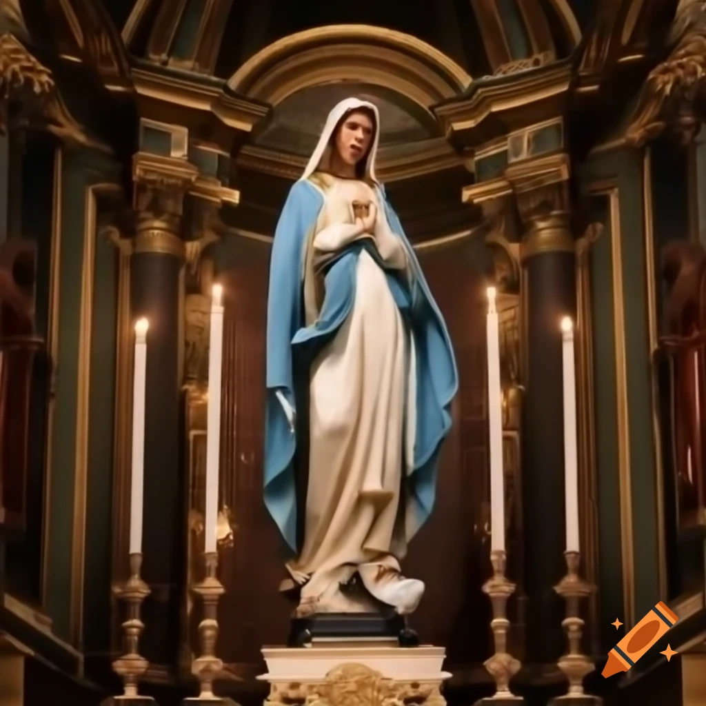 Statue of Saint Marie in a church during a priest ceremony