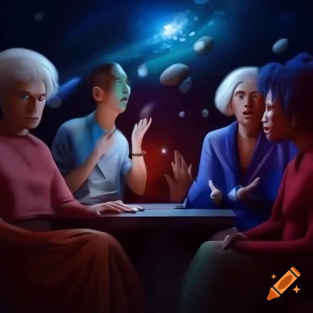 Surreal scene of figures emerging in a cosmic dream war at an amphitheater