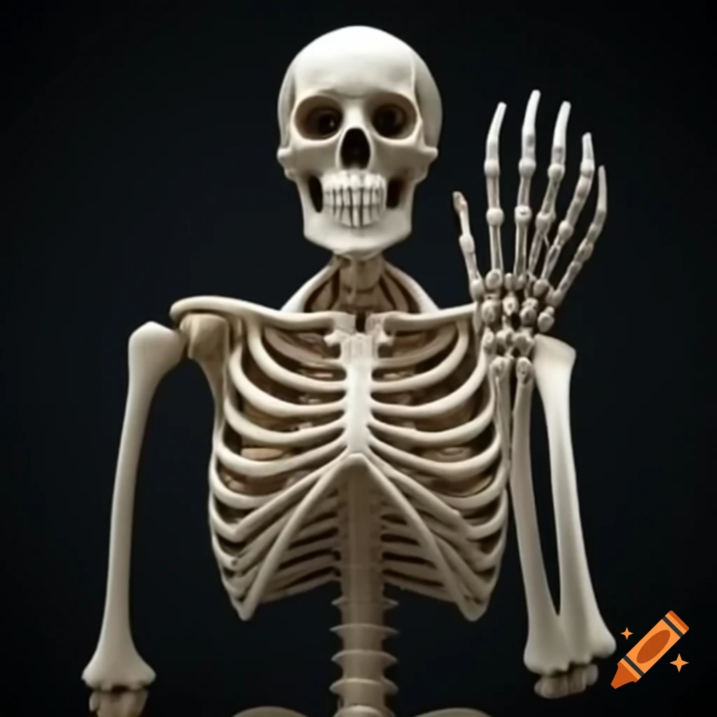 Skeleton waving goodbye in humorous style