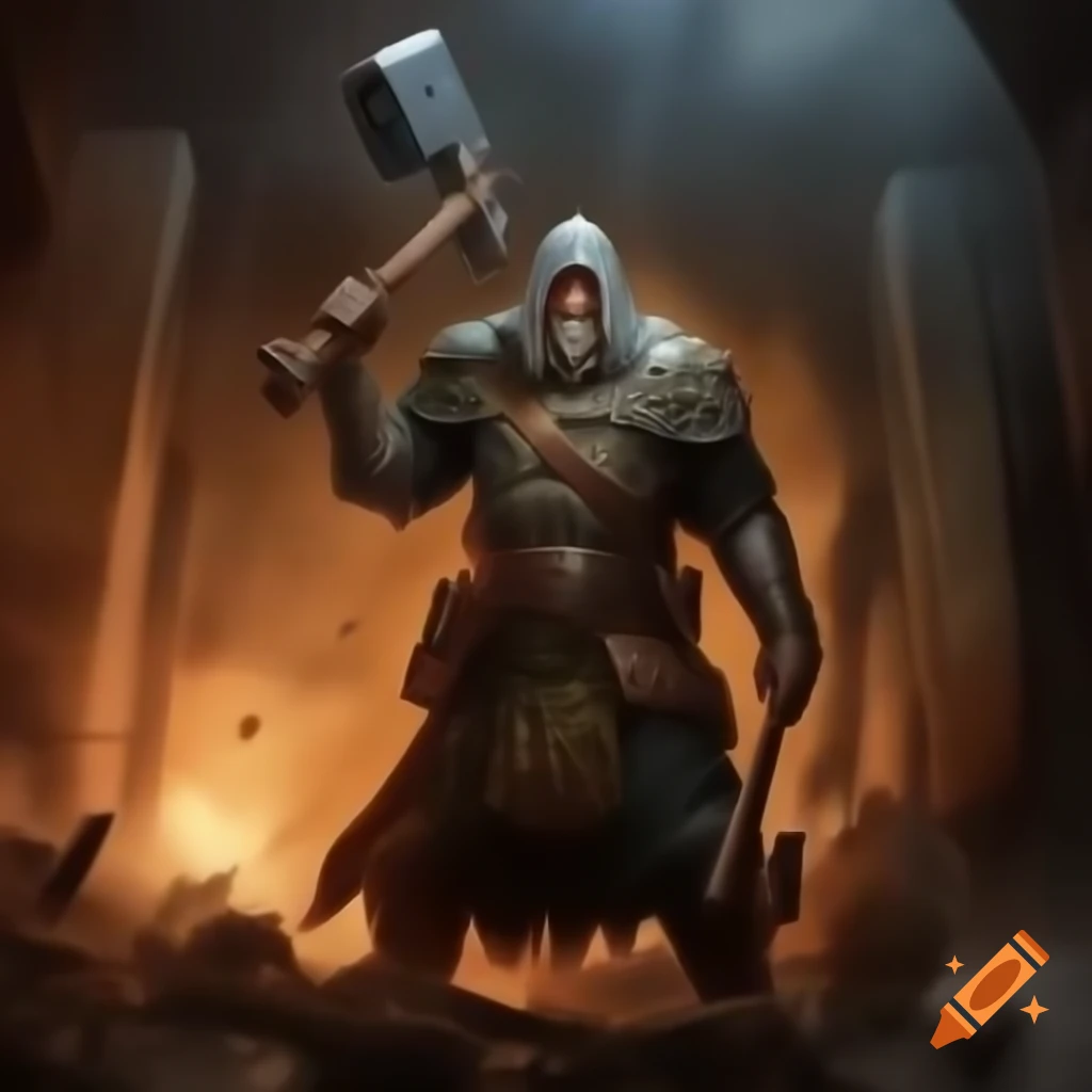 Burly warrior with hammer causing destruction fighting cancer legion