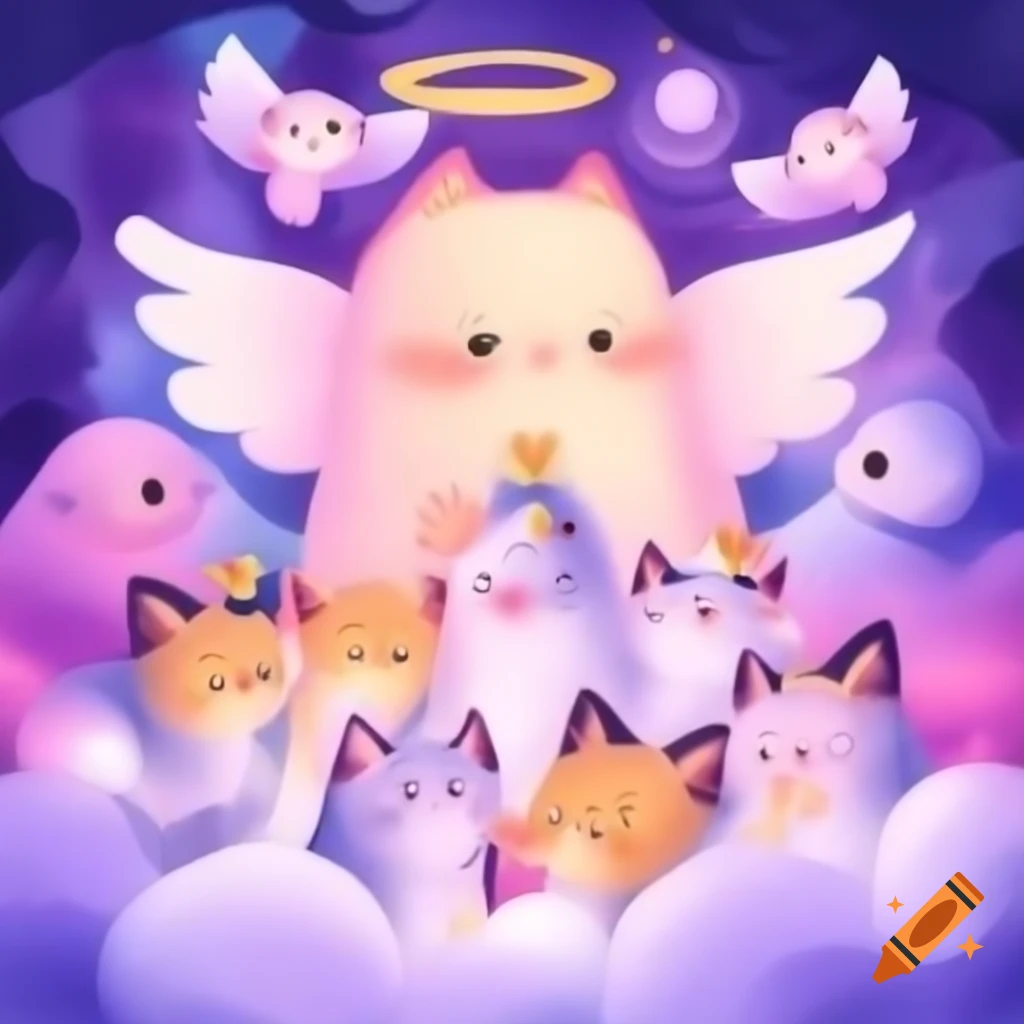 Group of cute angel kittens with wings and halos in pink and purple heaven, anime style