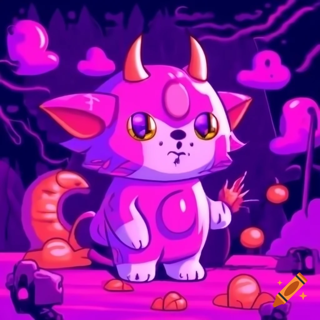 Cute devil-horned kitten in pink and purple hell scenery, anime style