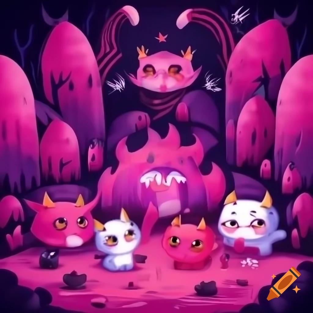 Cute devil horned kittens in pink and purple themed hell scenery, anime style