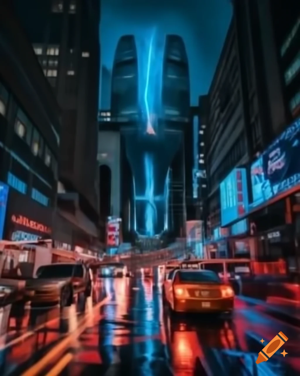 Cinematic night cityscape with neon lights and towering skyscrapers