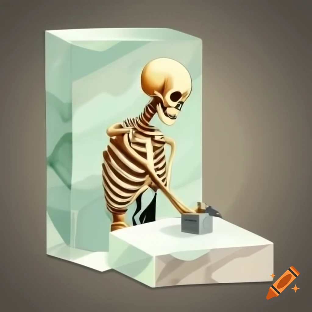 Skeleton carving a block of marble from the side