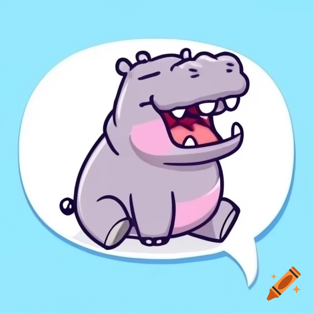 Cute overweight hippo laughing at comedy show with empty speech bubble