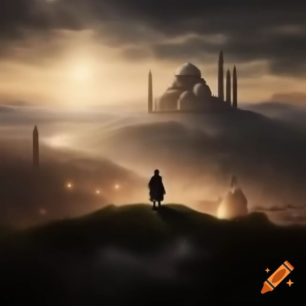 Silhouette of robed figure on hill overlooking ancient city at dawn