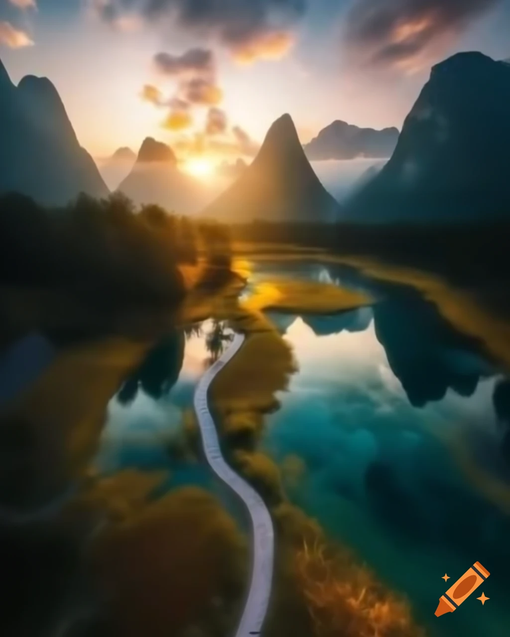 Legendary mountain lake shining in wilderness with high peaks