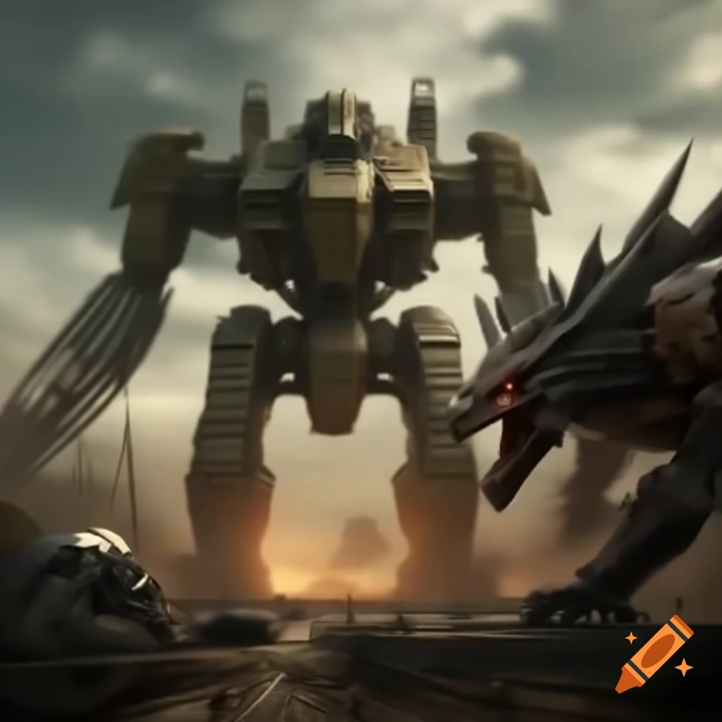 Giant mech robot battling dragon in post-apocalyptic wasteland