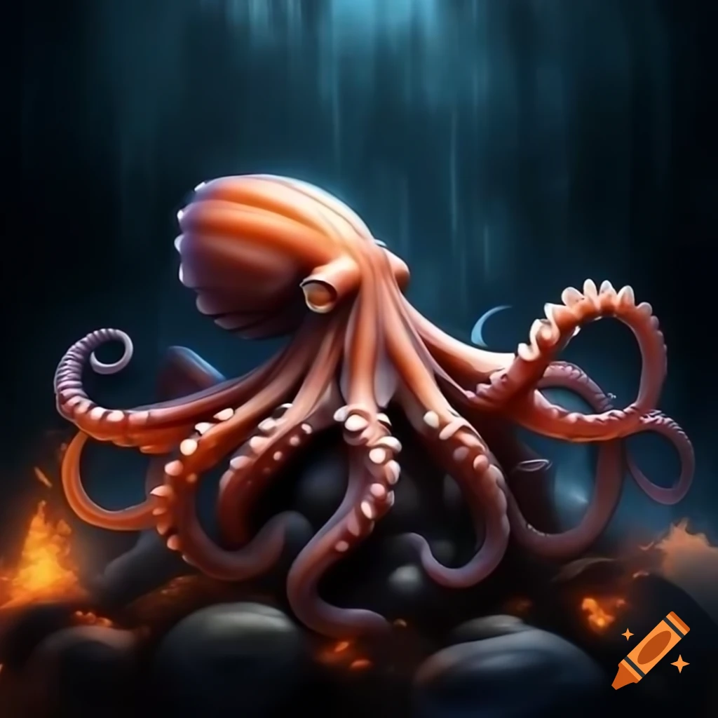 Octopus on rocks surrounded by fire and rain in a painting